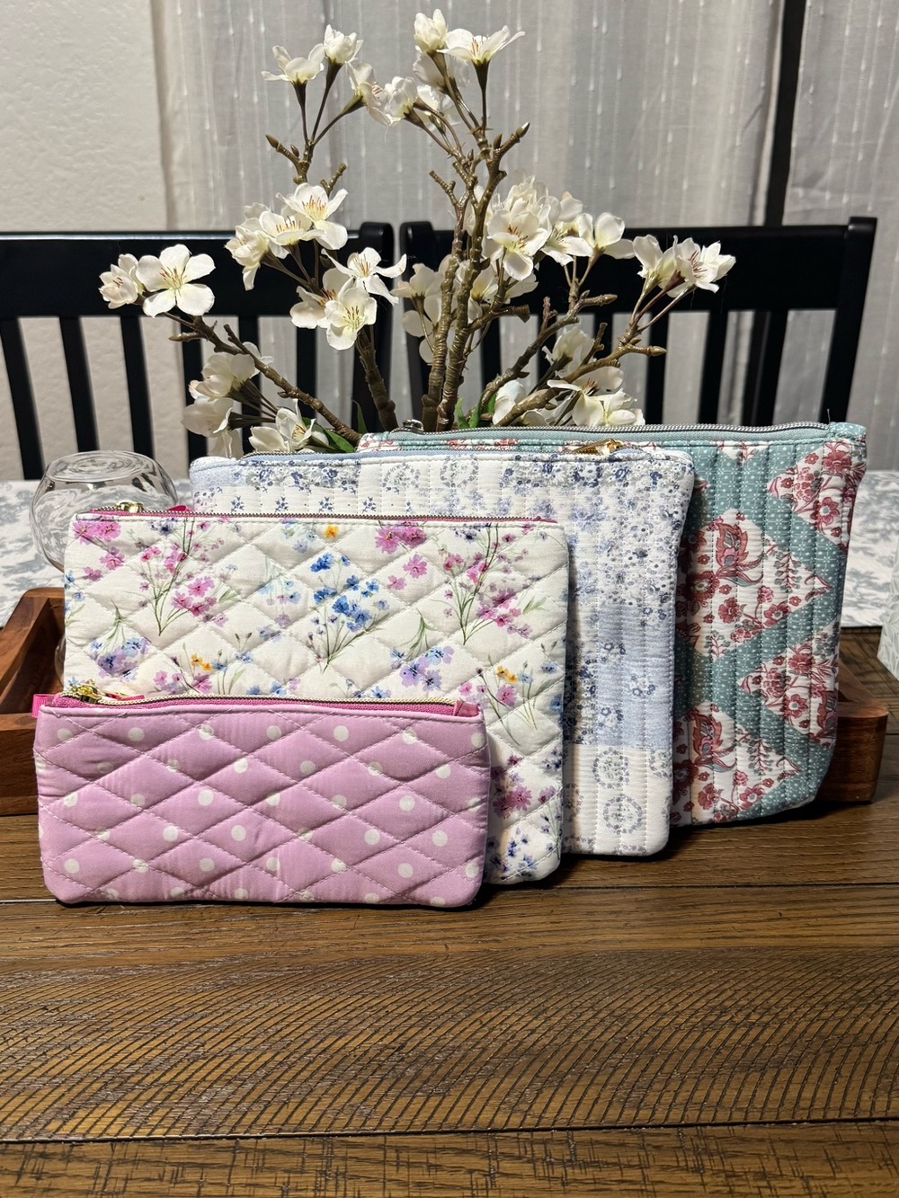 Quilted Floral and Polka Dot Wristlet Pouch Set - Pink and Multi